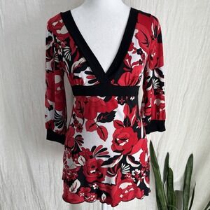 Vtg Y2K Floral Babydoll Tunic Top S Romantic Indie Red Rose Stretch Deep V 2000s